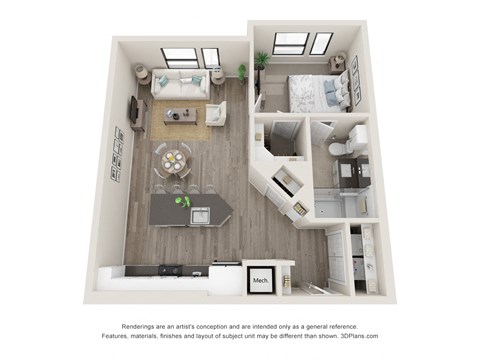 Floor plan for 1 bed, 1 bath, 763 sqft